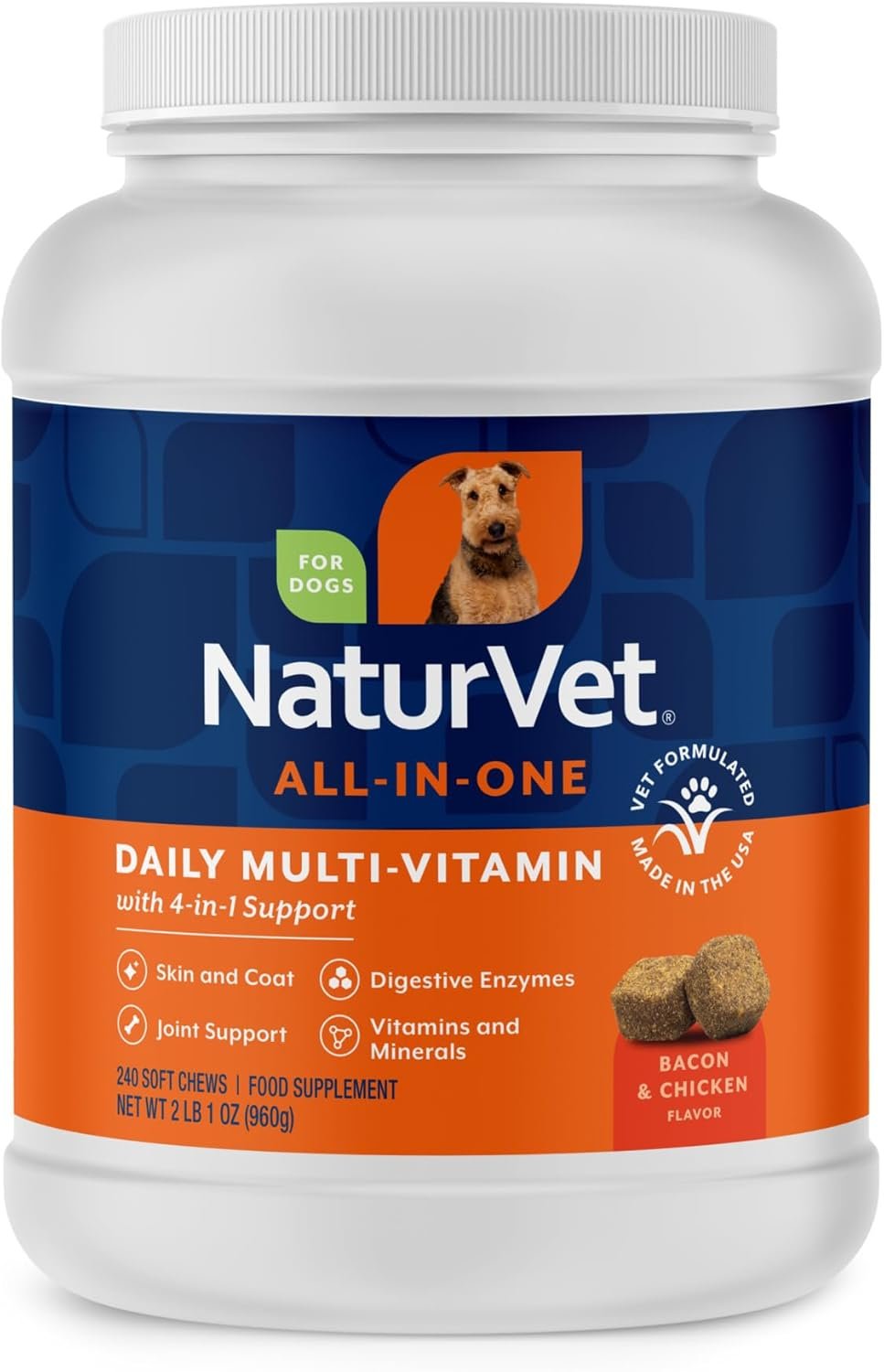NaturVet All-in-One Dog Supplement – for Joint Support, Digestion, Skin, Coat Care – Dog Multivitamins with Minerals, Omega-3, 6, 9 – Wheat-Free Vitamins for Dogs – 240 Soft Chews