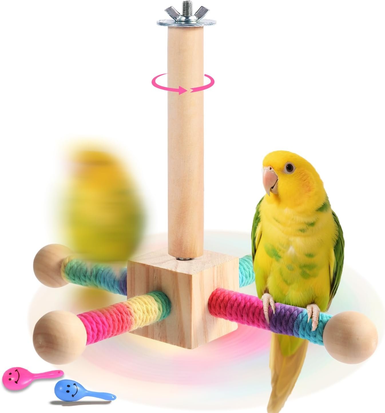 Kyouki Bird Perch Toy Parakeets Toy for Small & Medium Parrots – 360° Spinning Stand for Conures, Cockatiels, Lovebirds,Quakers | Colorful Sisal Rope Spinning Toy (Colorful, Medium Size)