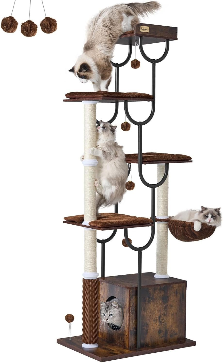 FourFurPets Cat Tree for Large Cats, Modern Cat Tree Tower with Scratching Post, 74″ Wooden Cat Tower for Multiple Adult Cats, Cat Condo for Adult Cats, 4 Large Perch, 1 Cat Caves, Rustic Brown