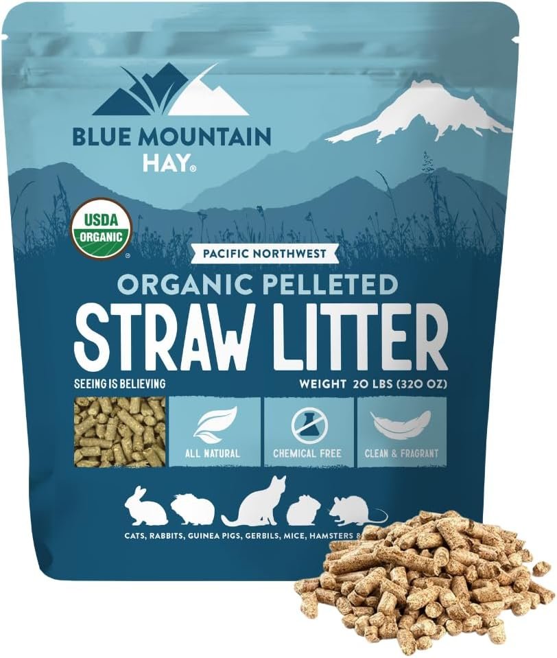Blue Mountain Hay Organic Small Animal Pet Litter and Bedding (20 lb), Pelleted Wheat Straw Cage and Litter Box Liner, Safe Organic Materials, Dust-Free, Highly Absorbent, Natural Odor Control