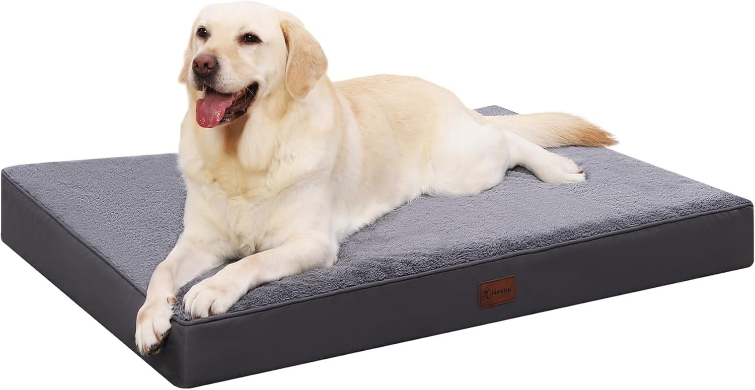 MIHIKK Waterproof Dog Beds Large Sized Dog Orthopedic Dog Beds for Crate with Removable Washable Cover Egg-Crate Foam Pet Pad Mat with Anti-Slip Bottom, 41×27 Inch, Grey