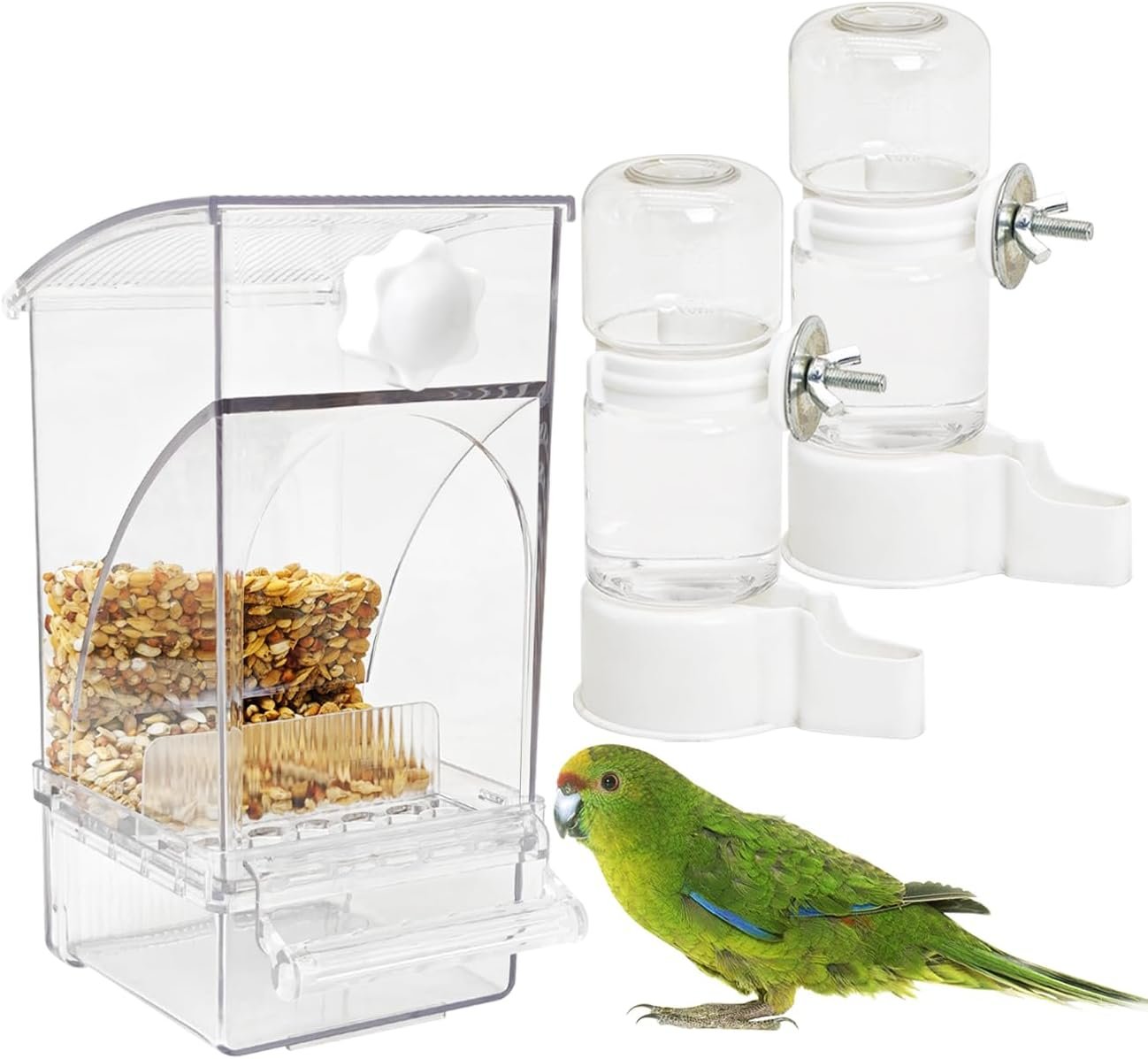 BNOSDM No Mess Bird Feeder Water Dispenser Set Automatic Parrot Feeder Drinker Transparent Food Container 3 Pcs Parakeet Cage Accessories for Cockatiel, Budgies, Conure, Lovebird, Finch (Transparent)