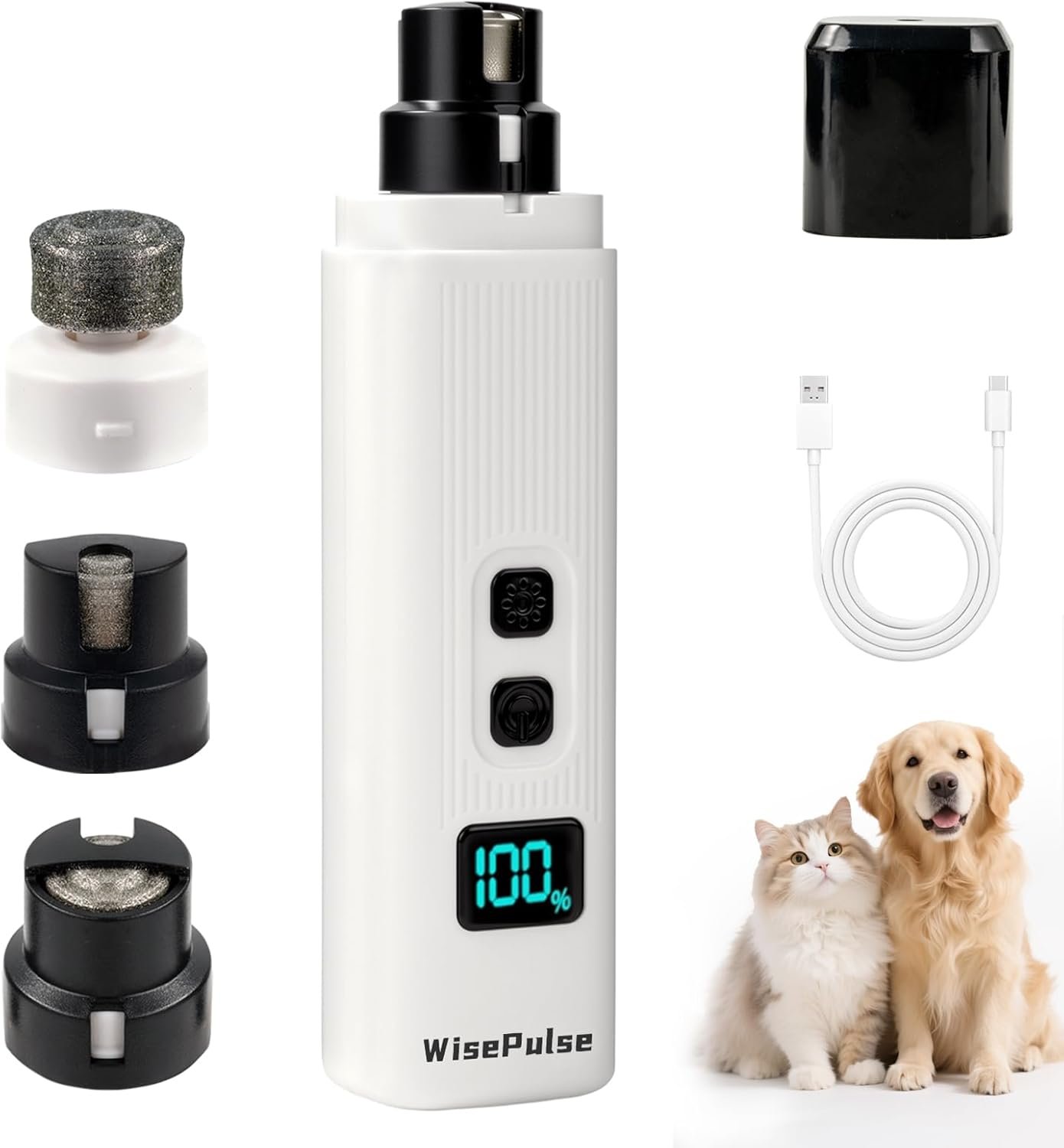 Dog Nail Grinder Quiet & Safe: 2-Speed Electric Grinder with 2 LED Lights & 2 Grinding Heads, Low Vibration & Silent Rechargeable Trimmer for Large Small Medium Dogs & Cats(White)