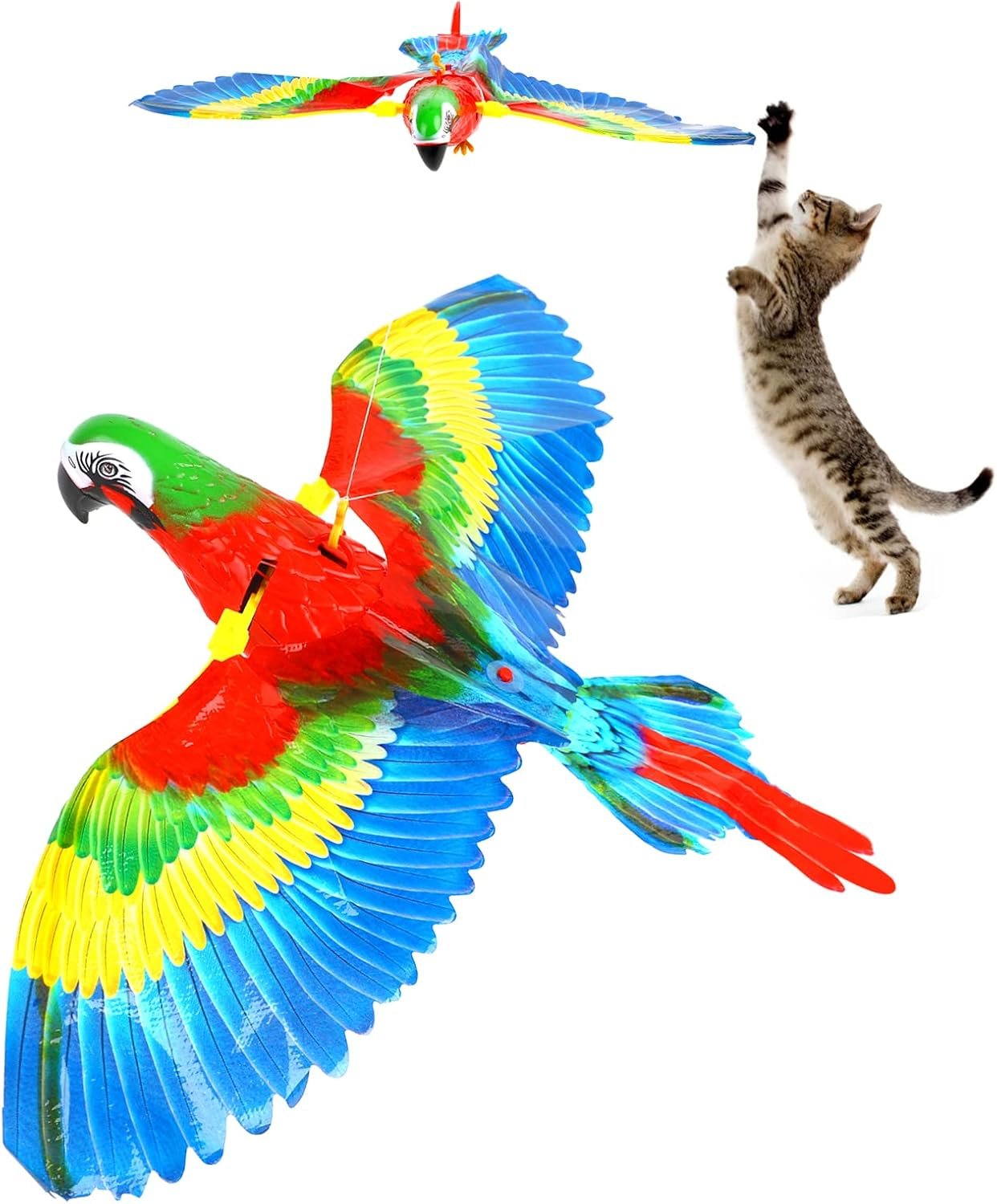 LOMIMOS Simulation Bird Cat Toy with Lights and Sound, Interactive Hanging Spinning Electric Toy Bird for Cats Indoor Ceiling Kitten Play Chase Exercise Eliminating Boredom(Parrot)