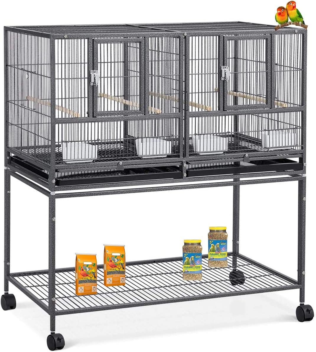 42″ Stackable Center Divided Breeder Breeding Bird Flight Double Rolling Cage for Aviaries Canaries Cockatiels Lovebirds Finches Budgies Small Parrots