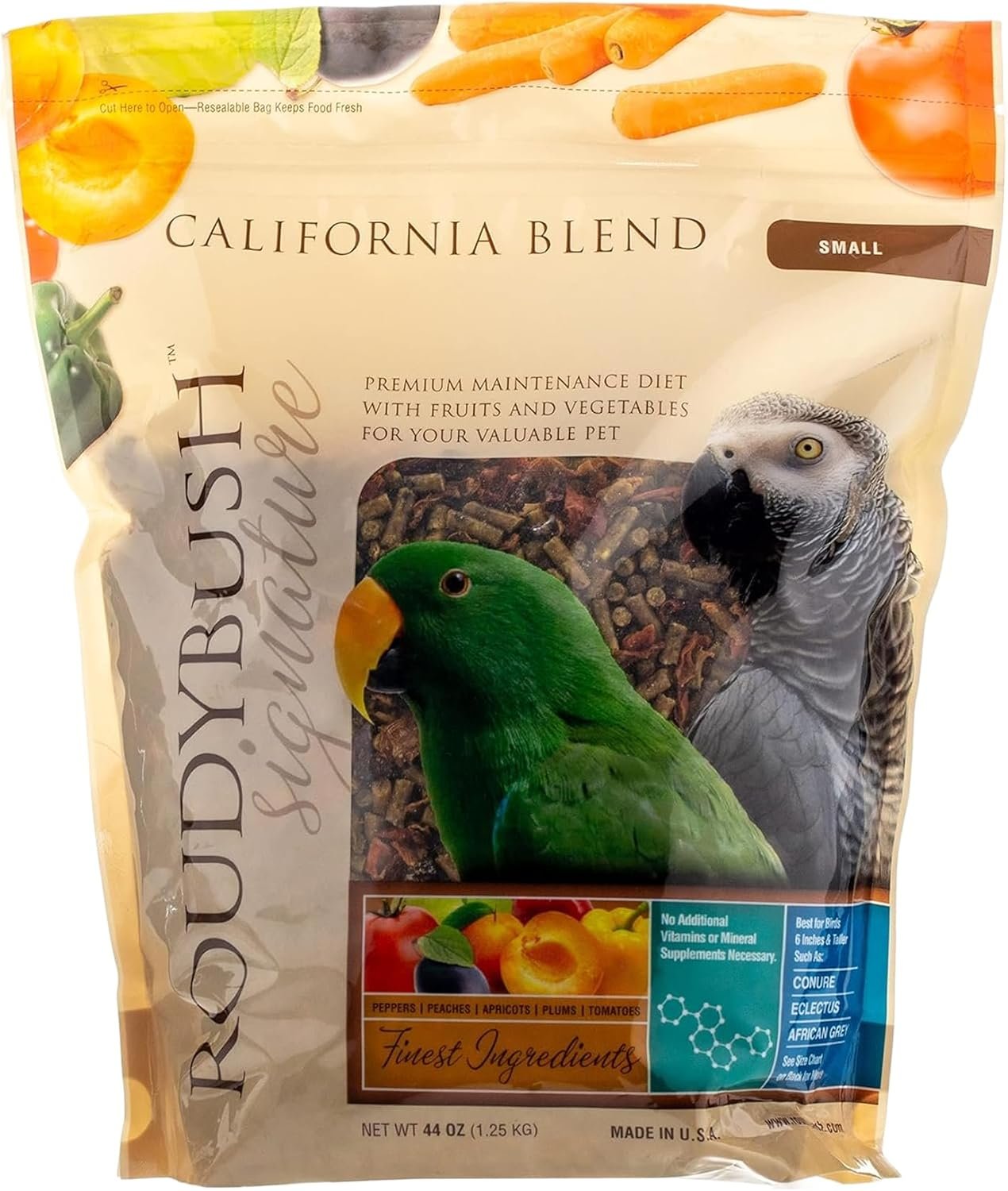 RoudyBush California Blend Pellets for Birds – Scientifically Formulated Bird Feed – Bird Food Pellets w/Dried Fruits, Vegetables & More – Nutritious & Healthy Feed for Birds (Small, 44oz)