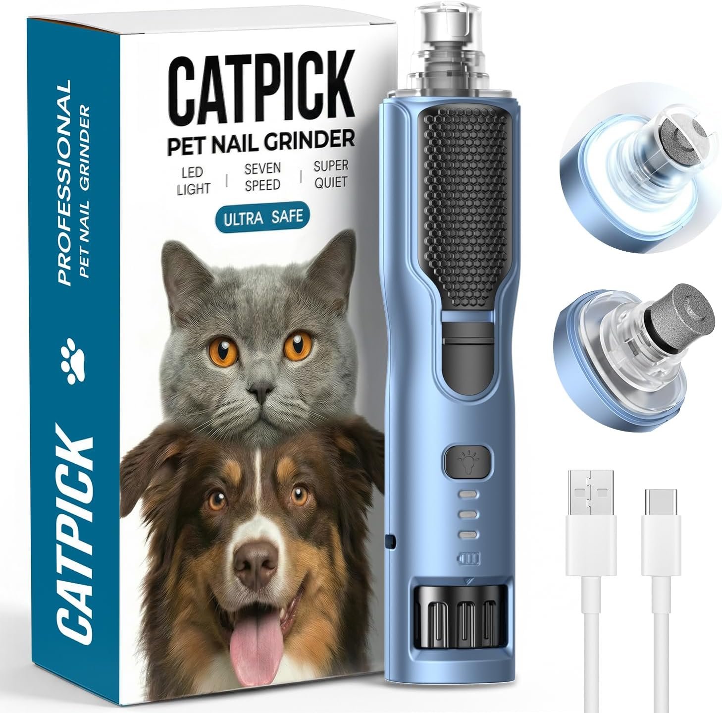 7-Speed Dog & Cat Nail Grinder with Light – Ring LED Safe to Avoid Overcut, Quiet Low Vibration & Powerful Fast, Cordless Rechargeable Toenail Trimmer for Small & Large Puppy & Breeds Paws(Blue)