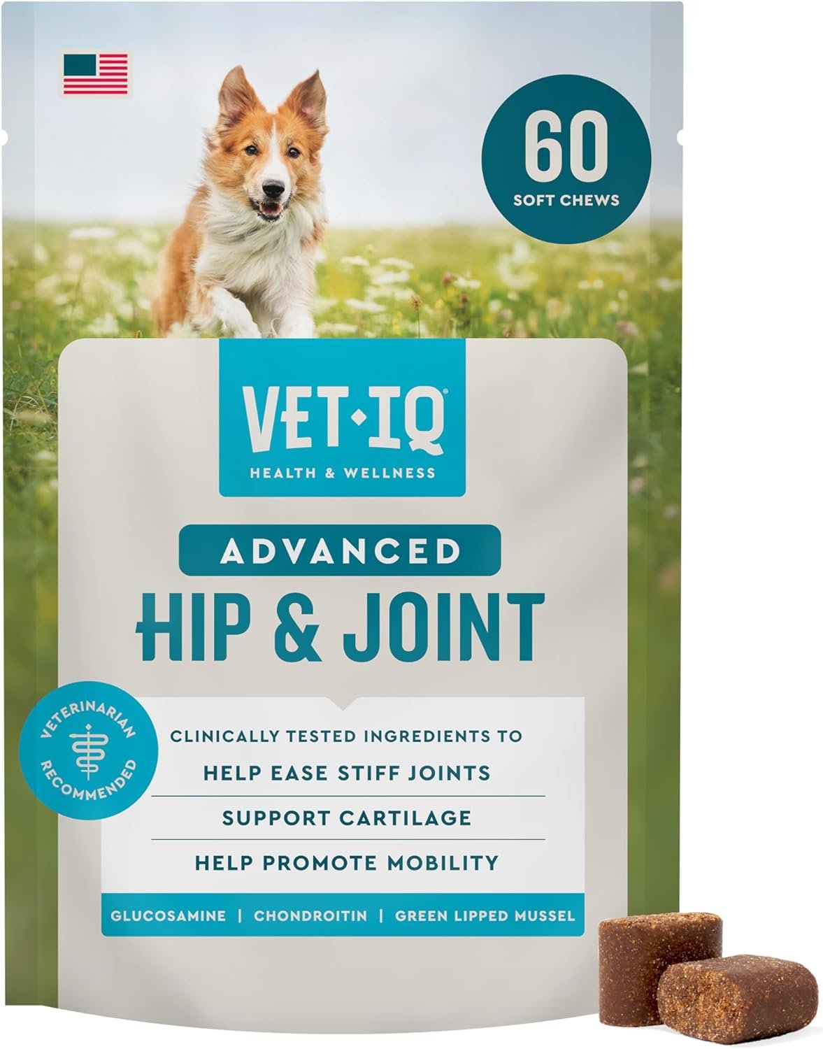 VetIQ Advanced Hip & Joint Chews For Dogs, 60 Count, Chicken Flavored Supplements Made with Glucosamine, Omega 3’s, Chondroitin, MSM & Green Lipped Mussel, Increases Mobility & Maintains Muscles