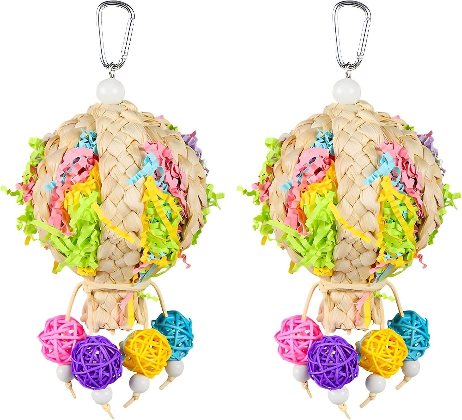 2 Pack Natural Hot Air Balloon Bird Toy, Hand-Woven Parrot Foraging & Chew Toy with Colorful Rattan Balls, Boredom Relief for Small to Medium Parakeets, Cockatiels, Conures