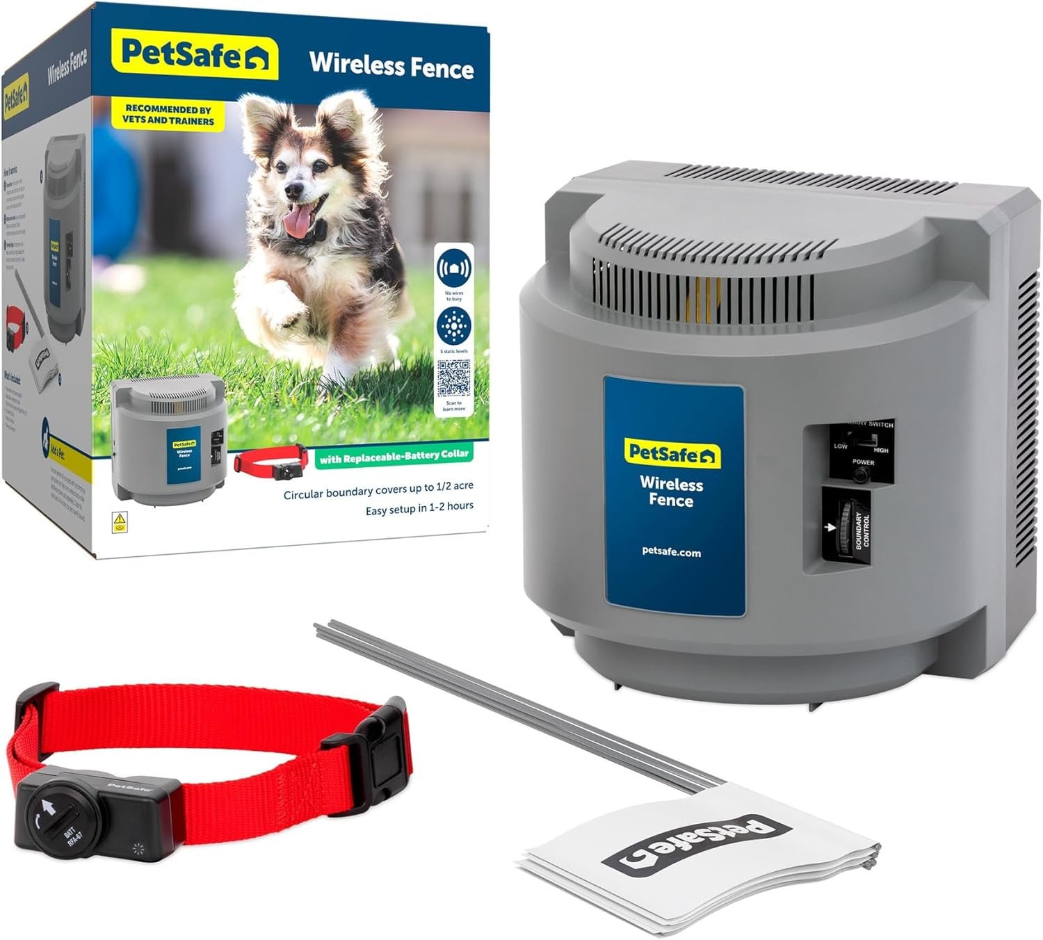PetSafe Wireless Pet Containment System – Original Wireless Electric Fence for Dogs – Covers Up to 1/2 Acre – for Pets 8lb+