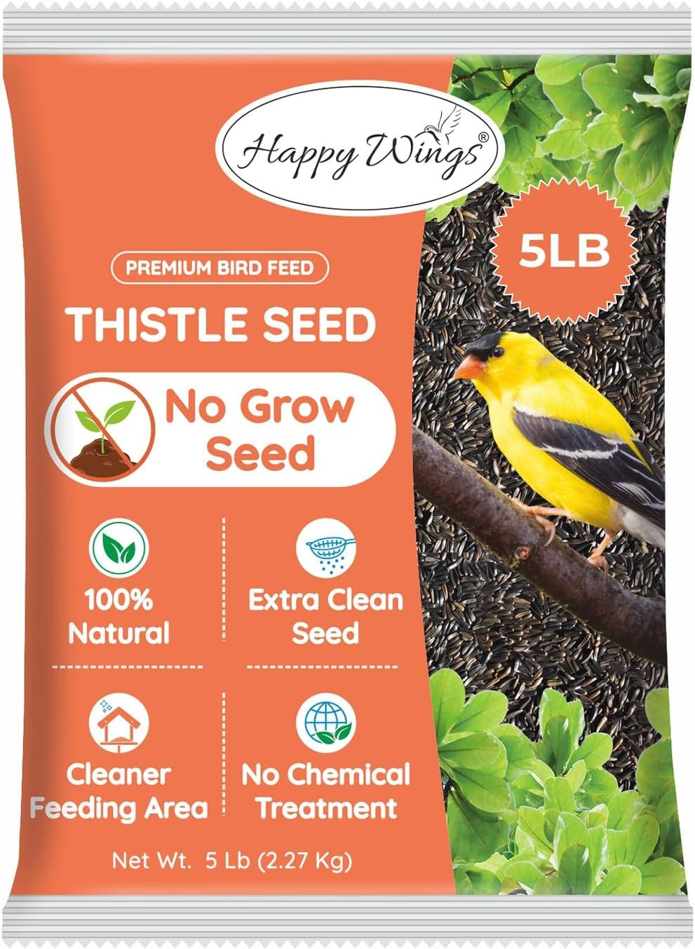 Happy Wings Nyjer/Thistle Seeds Wild Bird Food – 5 Pounds I No Grow Seed I Bird Seed for Wild Birds