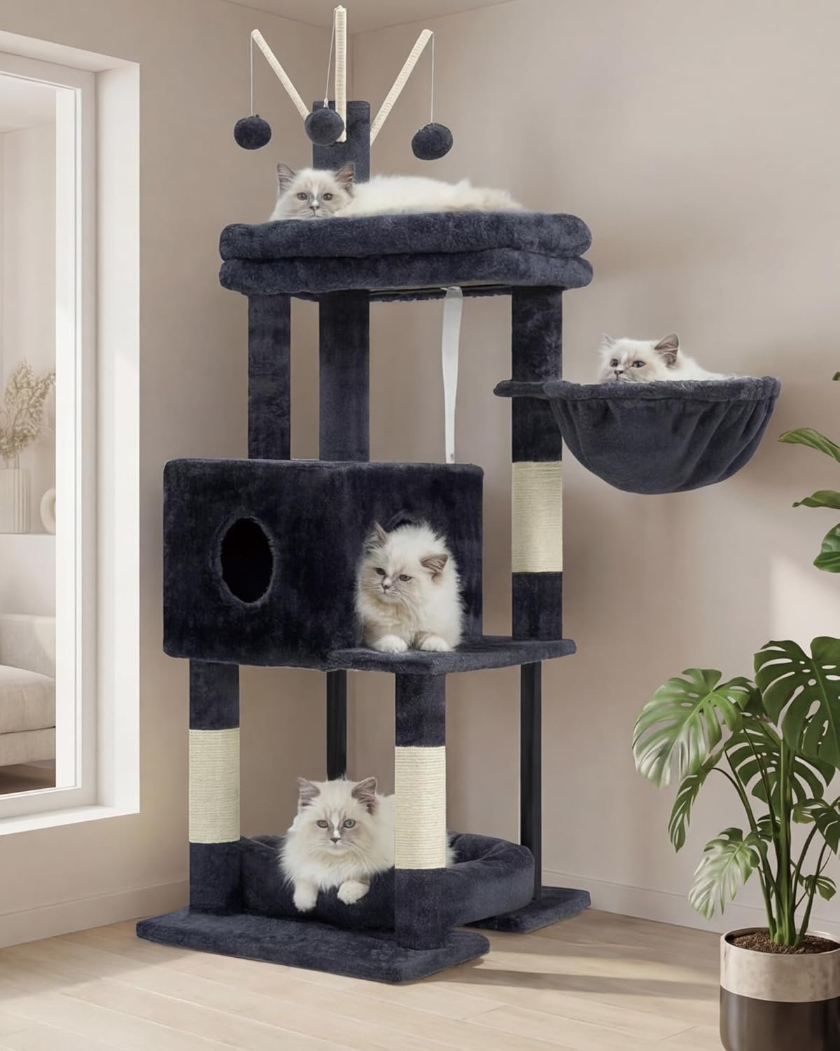 Heybly Cat Tree, 45.3-Inch Cat Tower for Indoor Cats with Large Perch, All-in-One Cat Furniture with Cozy Bed, Hidden Space Cat Condo, Comfy Hammock, Scratching Posts & 3 Pompoms, Smoky Gray HCT202SG
