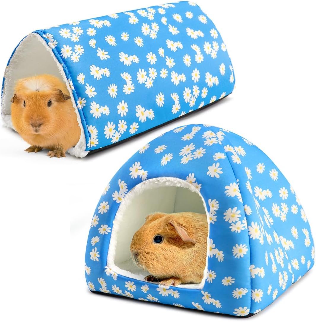 Guinea Pig House and Tunnel Set – 2 Pack Washable Guinea Pig Hideout Bed, Plush Small Animal Hide and Toy with Non-Slip Bottom for Ferret Dwarf Bunny
