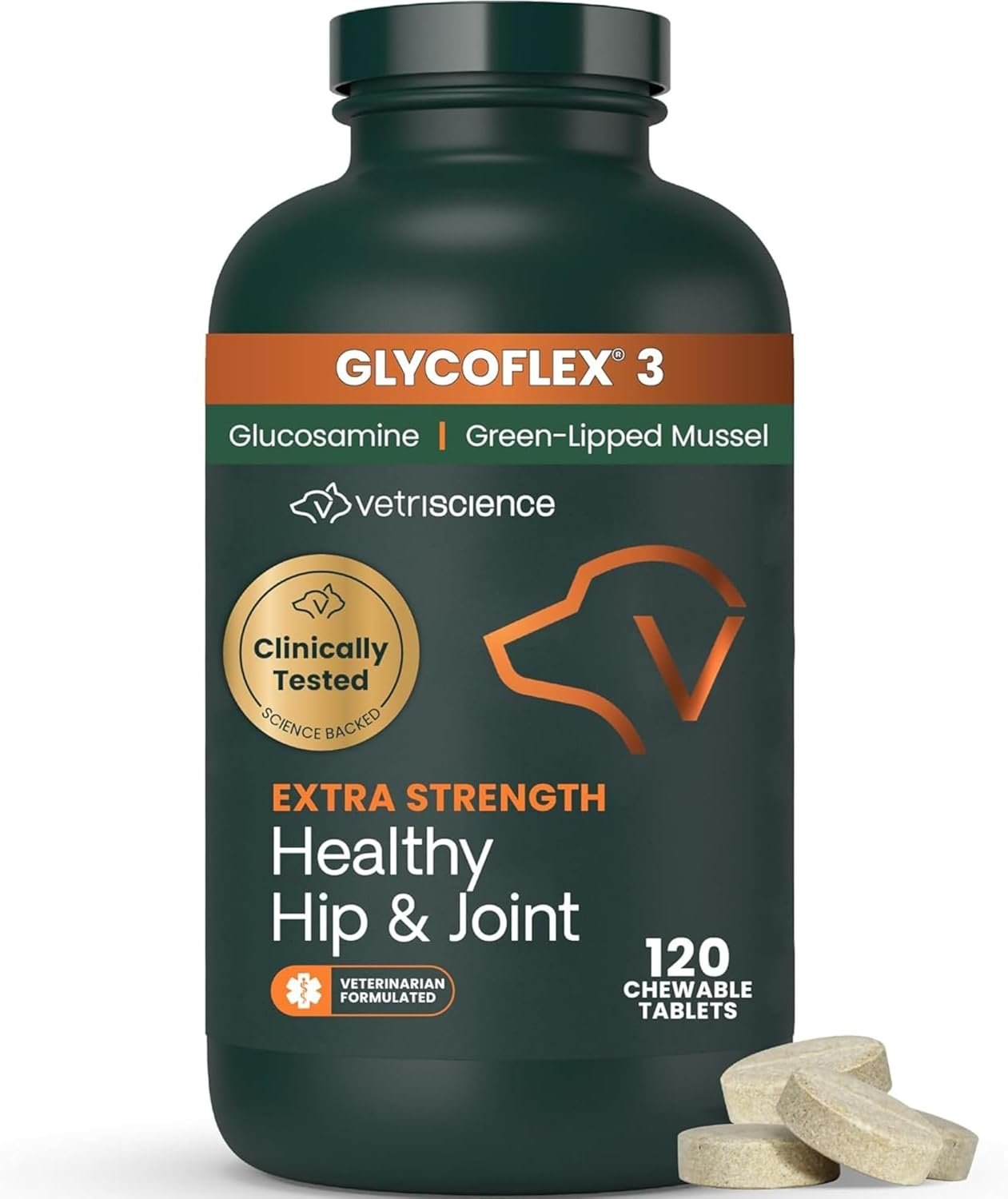 VetriScience Extra Strength Healthy Hip & Joint Chewable Tablets, GlycoFlex Glucosamine and Green-Lipped Mussel Joint Support Supplement for Dogs, Soothe Joint Discomfort, Chicken, 120 Count