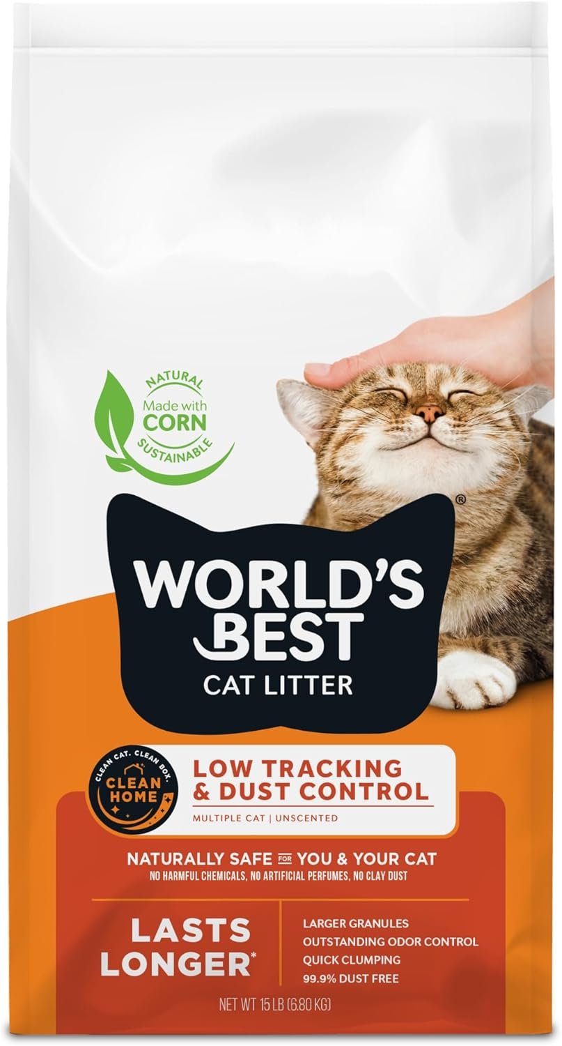 WORLD’S BEST CAT LITTER Low Tracking & Dust Control Multiple Cat Unscented 15-Pounds – Natural Ingredients, Quick Clumping, Flushable & Made in USA – Long-Lasting Odor Control & Easy Scooping
