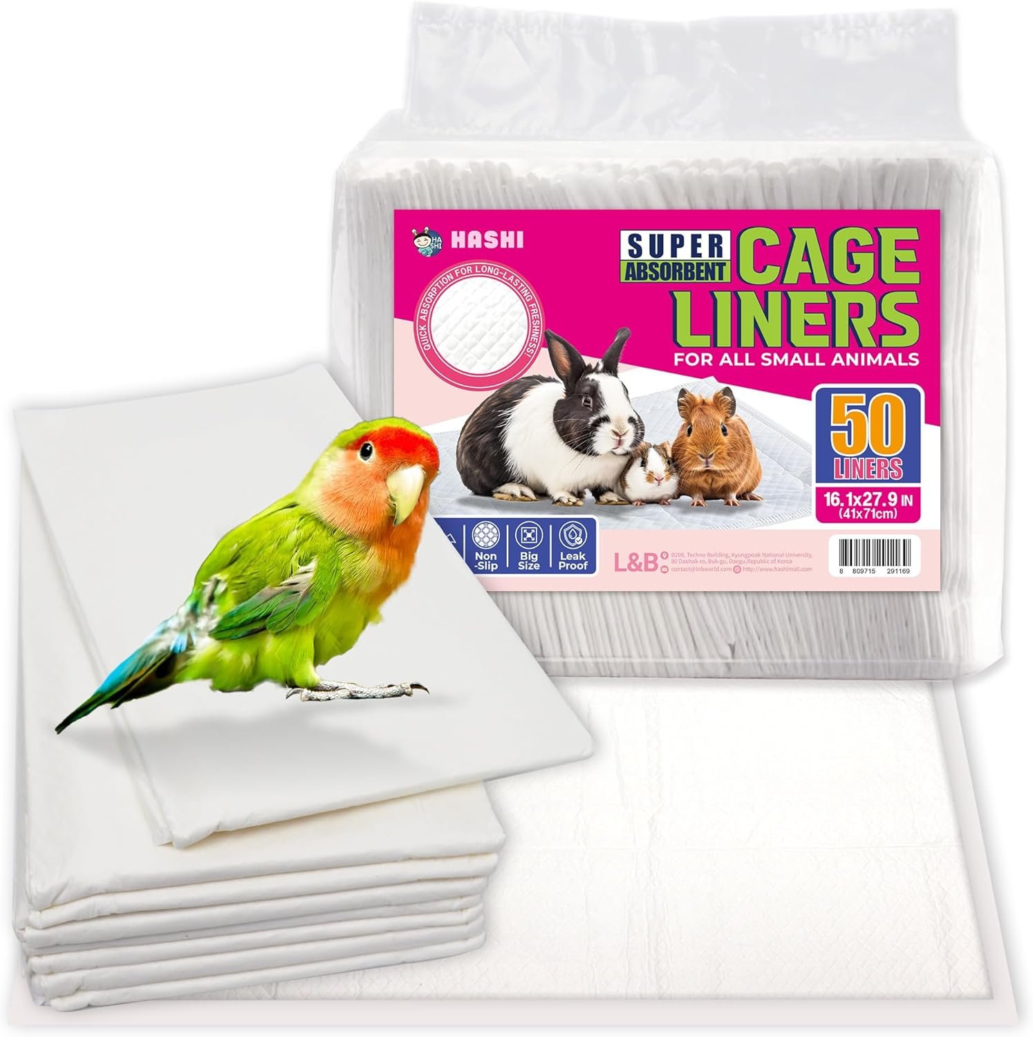 HA SHI Absorbent Bird Cage Liner – 27.9 x 16.1 Inches, 50 Pads, Disposable, Durable 5-Layer, Leak-Proof, Quick-Drying, Odor-Free for Parrots, Parakeets, Budgies, Canaries, Cockatoos