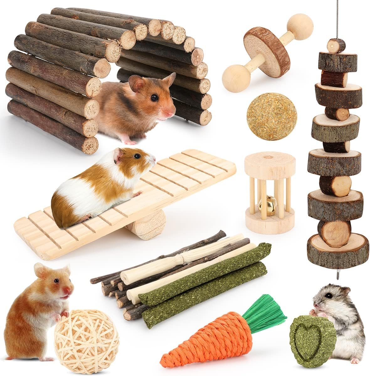 YIXUND Hamster Cage Accessories, 12 Different Chew Toys for Guinea Pig, Chinchillas, Gerbils, Mice, Rats, Mouse, Rabbit, Bunny Hideout Seesaw, Natural Molar Tools