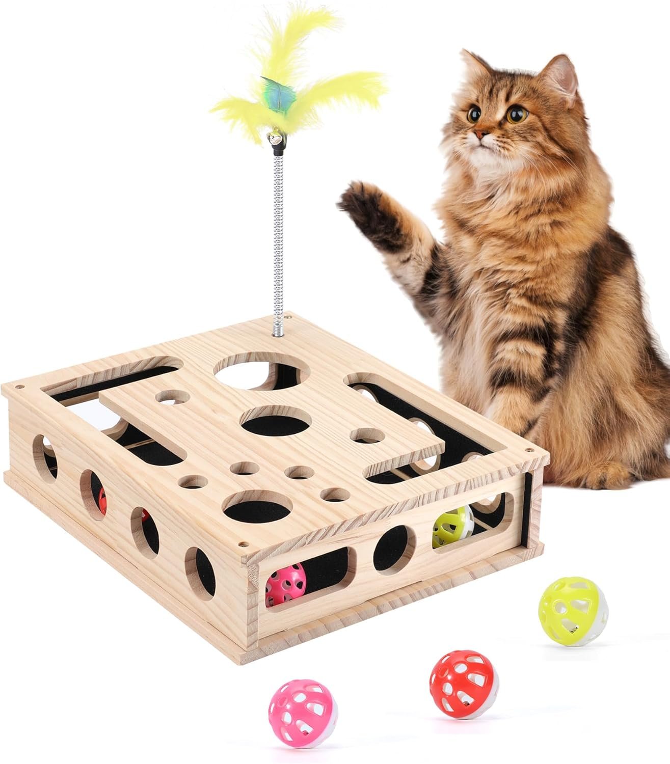 Cat Toys for Indoor Cats – Interactive Box Puzzle Toy Nail File Scratcher Hunting Play Toy with 3 Jingle Balls & 1 Feather Wand, Wooden Puzzle Treat Toy Box Energize Cat Instincts for Bored Cats