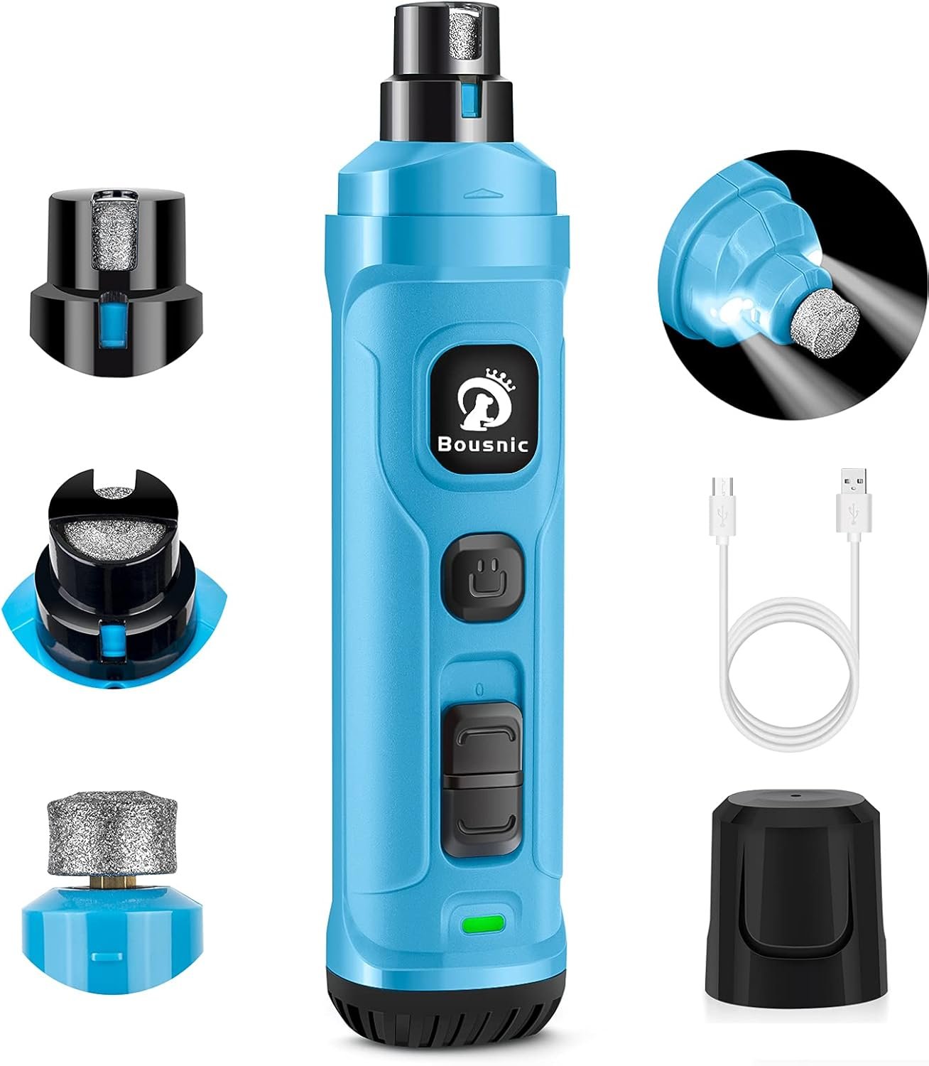 BOUSNIC Dog Nail Grinder with 2 LED Light – Super Quiet Pet Nail Grinder Powerful 2-Speed Electric Dog Nail Trimmer File Toenail Grinder for Puppy Small Medium Large Breed Dogs & Cats (Blue)