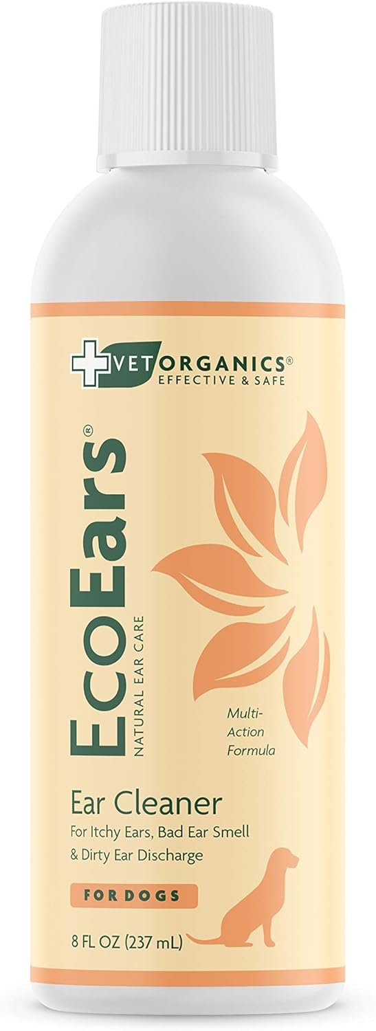 EcoEars Dog Ear Cleaner – Natural Multi-Action Formula for Ear Infection, Bad Discharge & Odor – Removes Foreign Matter & Cleans Difficult Ears – 8fl oz.