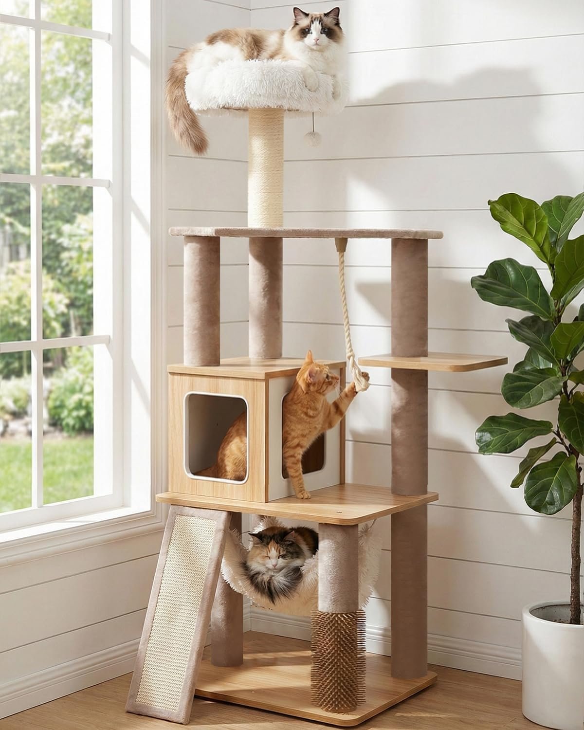 61″ Modern Cat Tree Tower for Indoor Cats, Luxury Climbing Tower with Plush Lounge, Kitty Condos, Hammock & Scratching Posts, Classic cat Furniture