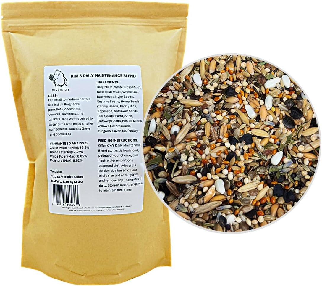 Premium Parrot Food| Protein-Rich Low-Fat Formula | Cockatiel, Conure, Lovebird, Quaker, Parrotlet | No Corn, Soy, Peanuts | Gourmet Whole Grains & Seeds | Daily Maintenance Blend (3 lbs)