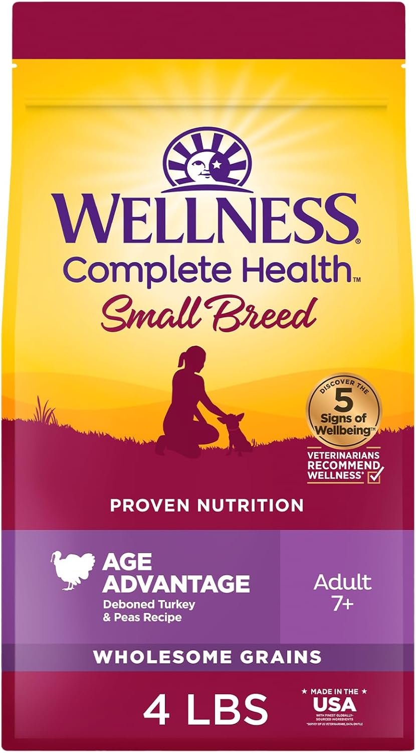 Wellness Complete Health Age Advantage Small Breed Senior Dry Dog Food, Wholesome Grain Kibble, Natural, Turkey and Peas Recipe, 4 lb Bag