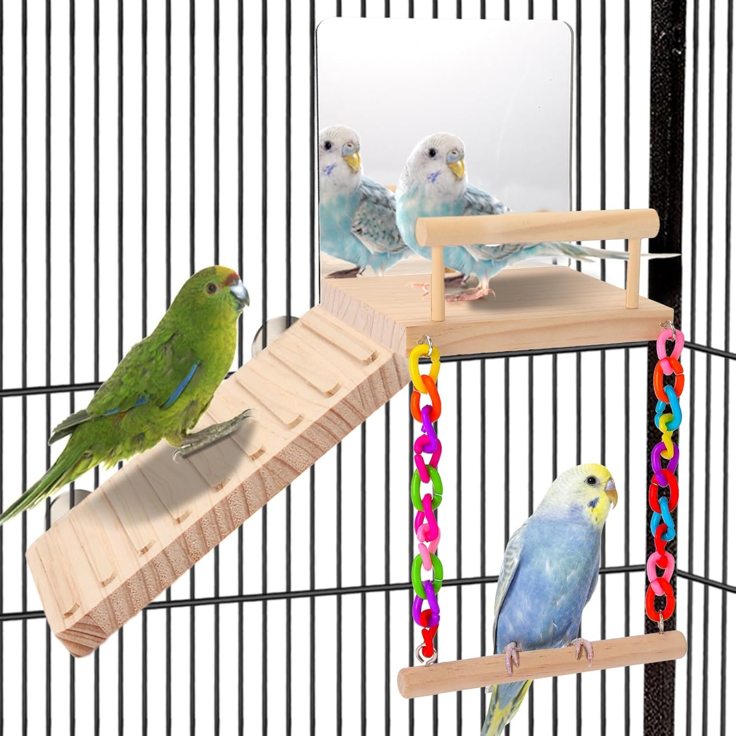 KyoukiBird Perch Platform Bird Toys with Bird Mirror Climbing Ladder Swing, Parakeet Cage Accessories – for Cockatiels, Lovebirds, Budgies,Pacific Parrotlets,Finch,Canaries – Wooden Play Gym