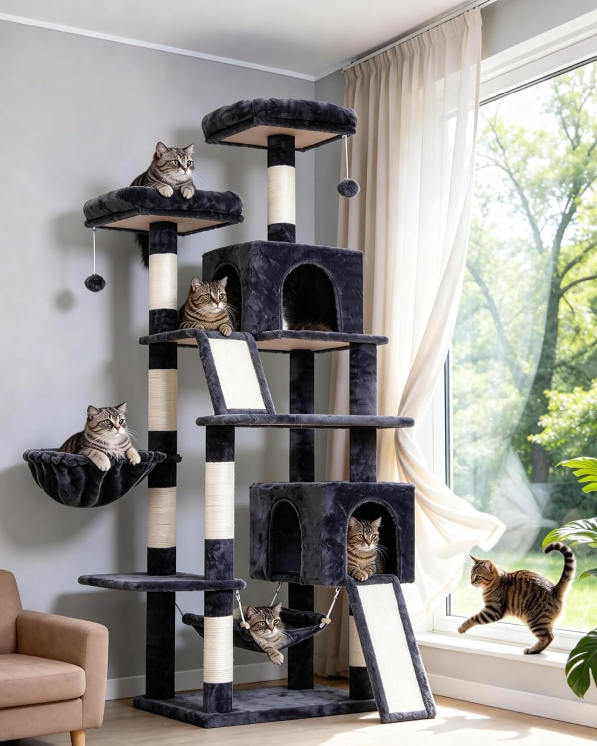 Gitelsnour Cat Tree for Indoor Cats, 71” (180cm) Multi-Level Cat Tower for Large Adult, Sturdy Cat Tree House with 2 Scratching Boards 7 Posts, 2 Plush Perches/Condos, Hammock, Smoky Gray GCT032G
