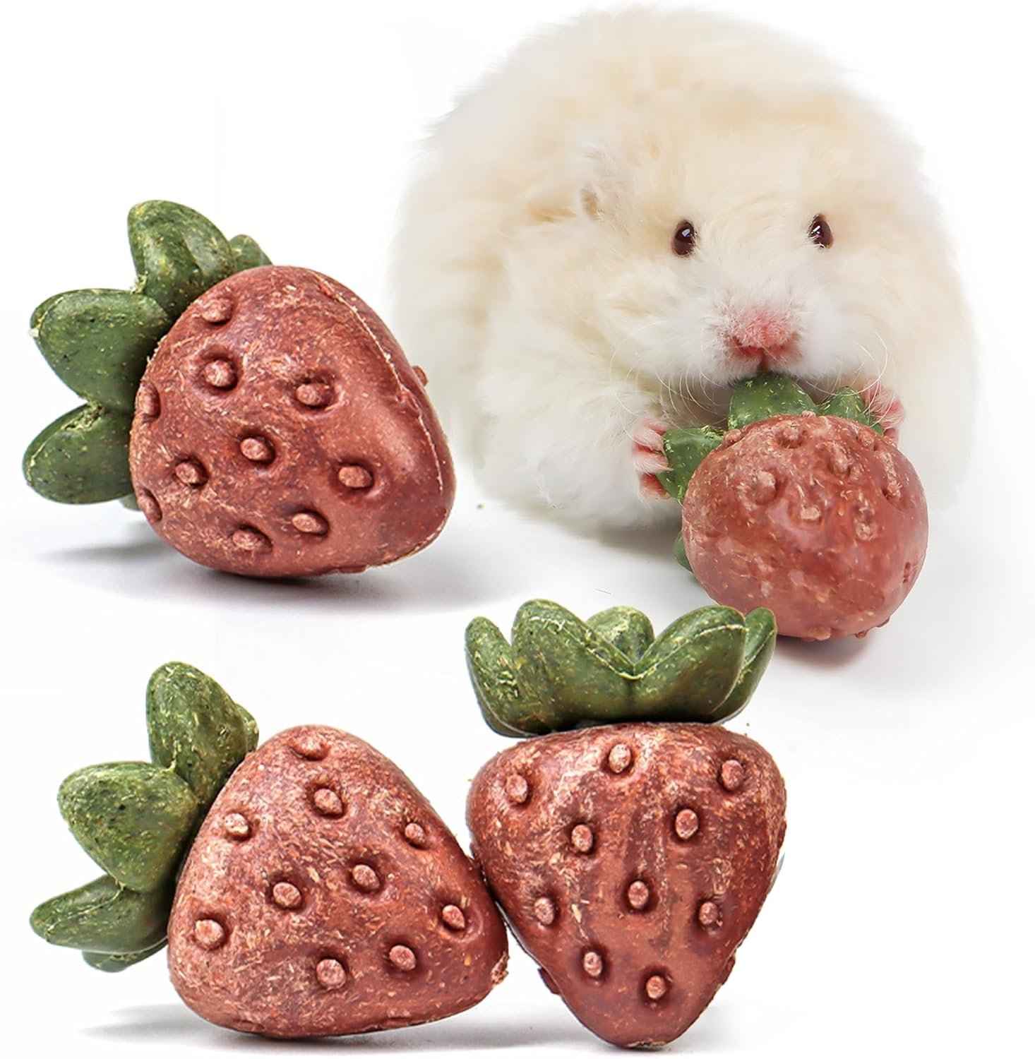 TEEWY Guinea Pig Toys, 4PCS Strawberry Shaped Hamster Toys, Natural Guinea Pig Chew Toys for Teeth Grinding, Hamster Enrichment Toys for Hamster, Gerbil, Chinchilla, Rat