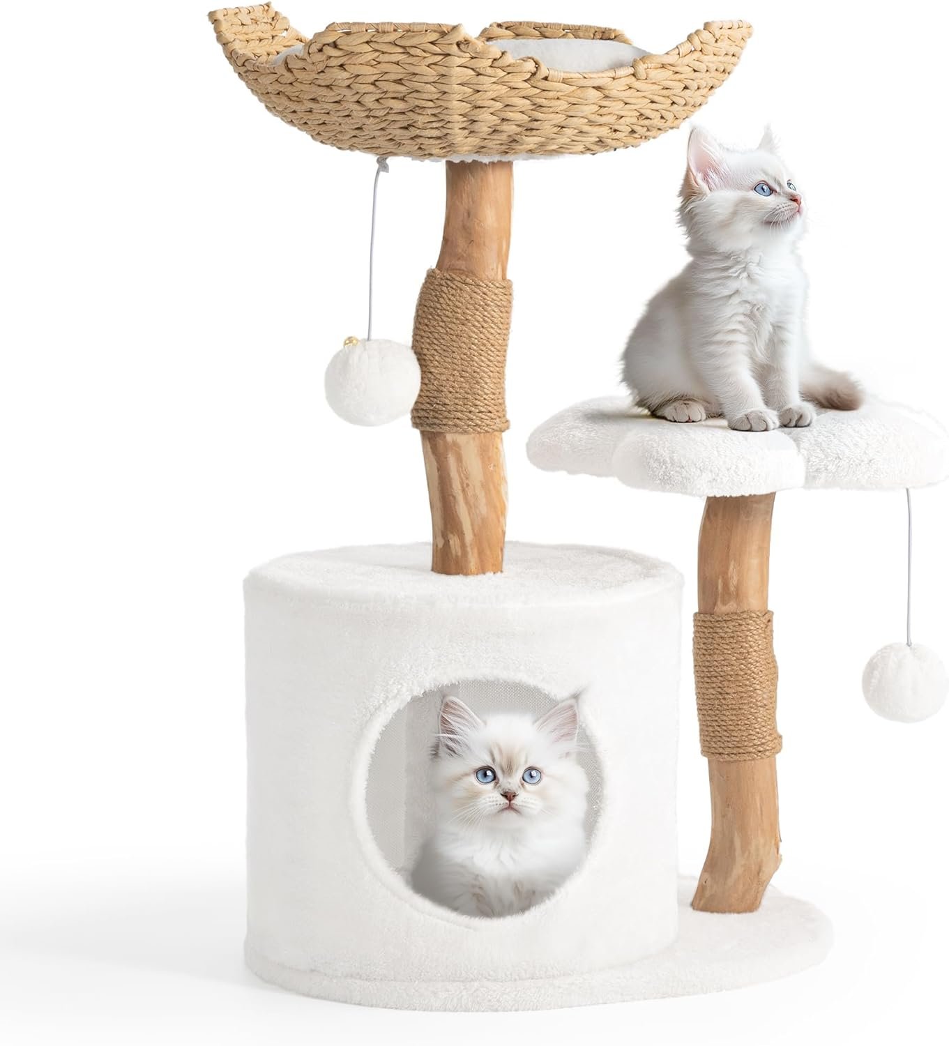 Easyego Modern Cat Tree, 26.3″ Aesthetic Wood Cat Tree Tower, Luxury Cat Condo with Scratching Posts and Flower Platforms, Cat Furniture, Pure White