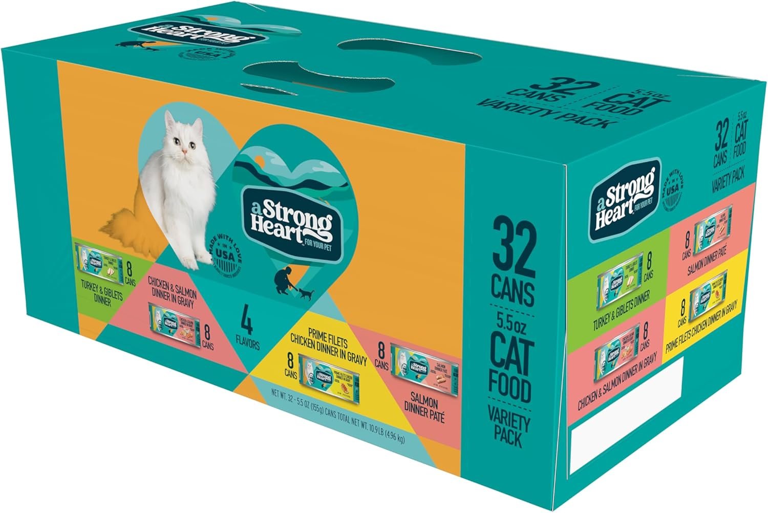 A Strong Heart Canned Wet Cat Food, Dinner Variety Pack – 5.5 oz Cans (Pack of 32), Made in The USA with Real Chicken, Turkey & Salmon