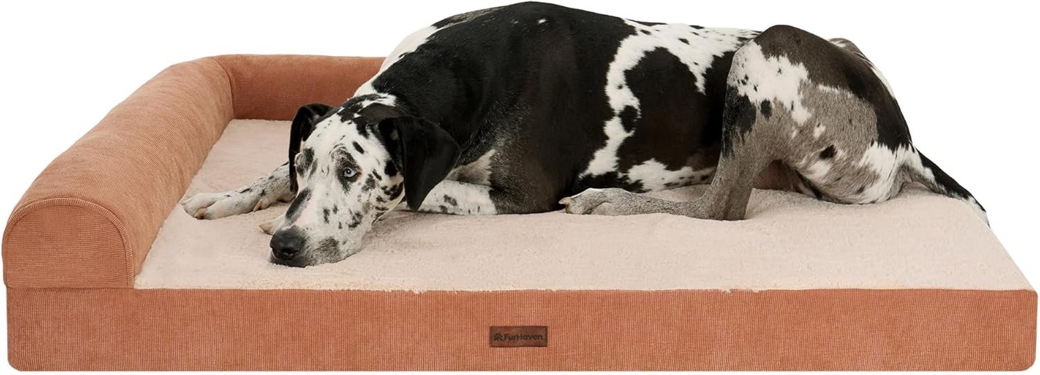 FurHaven Jumbo Plus (53″x40″) Cooling Gel Dog Bed – Plush & Grid Cord L-Shaped Chaise Lounge Pet Bed, Removable Washable Cover, Copper