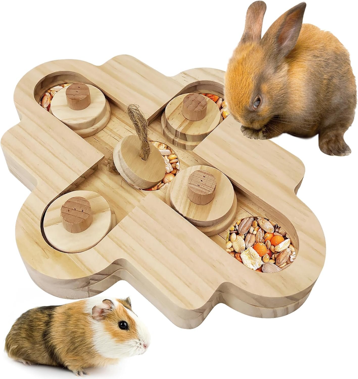 BNOSDM Hamster Foraging Toys Boredom Breaker Pet Rat Foraging Toys Bunny Puzzle Toys for Rabbits Interactive Bunny Toys Wooden Hamster Enrichment Toys for Guinea Pig Chinchillas Small Rodents,5-Hole