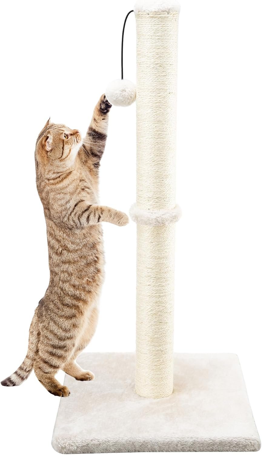 Dimaka 29″ Height Tall Cat Scratching Post, Claw Scratcher with Sisal Rope and Covered with Soft Smooth Plush, Vertical Scratch [Full Strectch] for Standard Size Cats. (Beige)