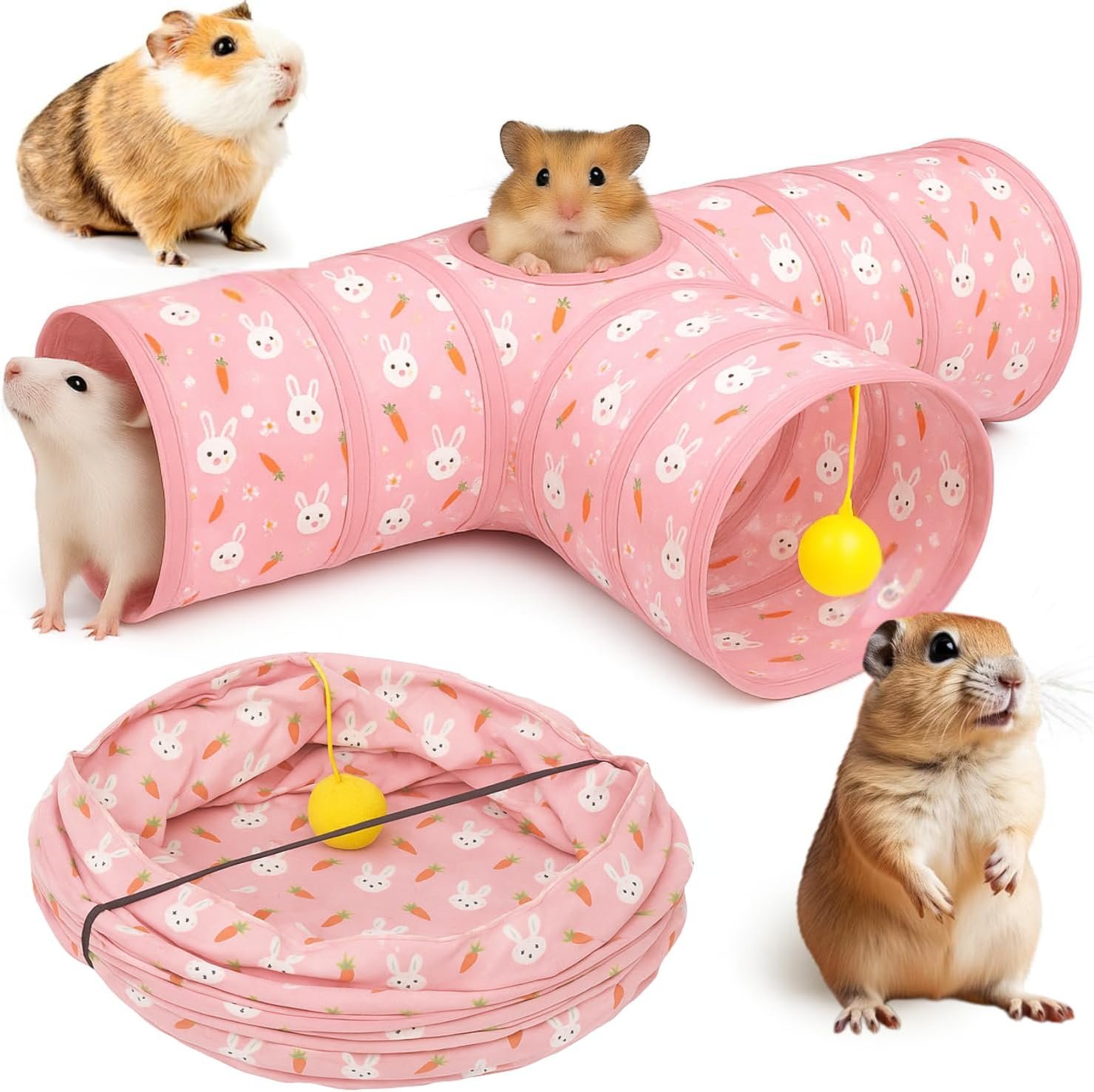 Tunnels with 3-Way Entrance – Cozy, Washable Guinea Pig Hideout – Interactive Cage Toys (Pink Bunnies)