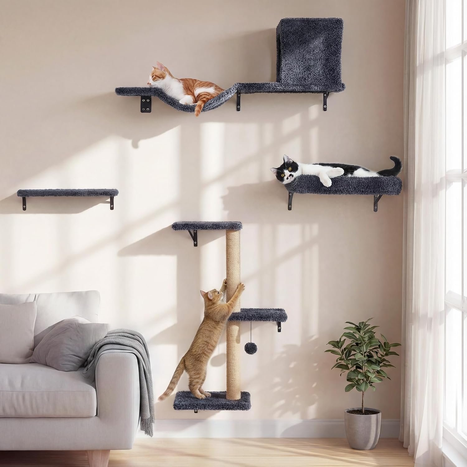 FUKUMARU Cat Wall Shelves, Stable & Safe 4 in 1 Cat Walls Furniture Set, Wooden Kitten Climbing Wall with Scratching Post for 16 Inch Drywall – Gray