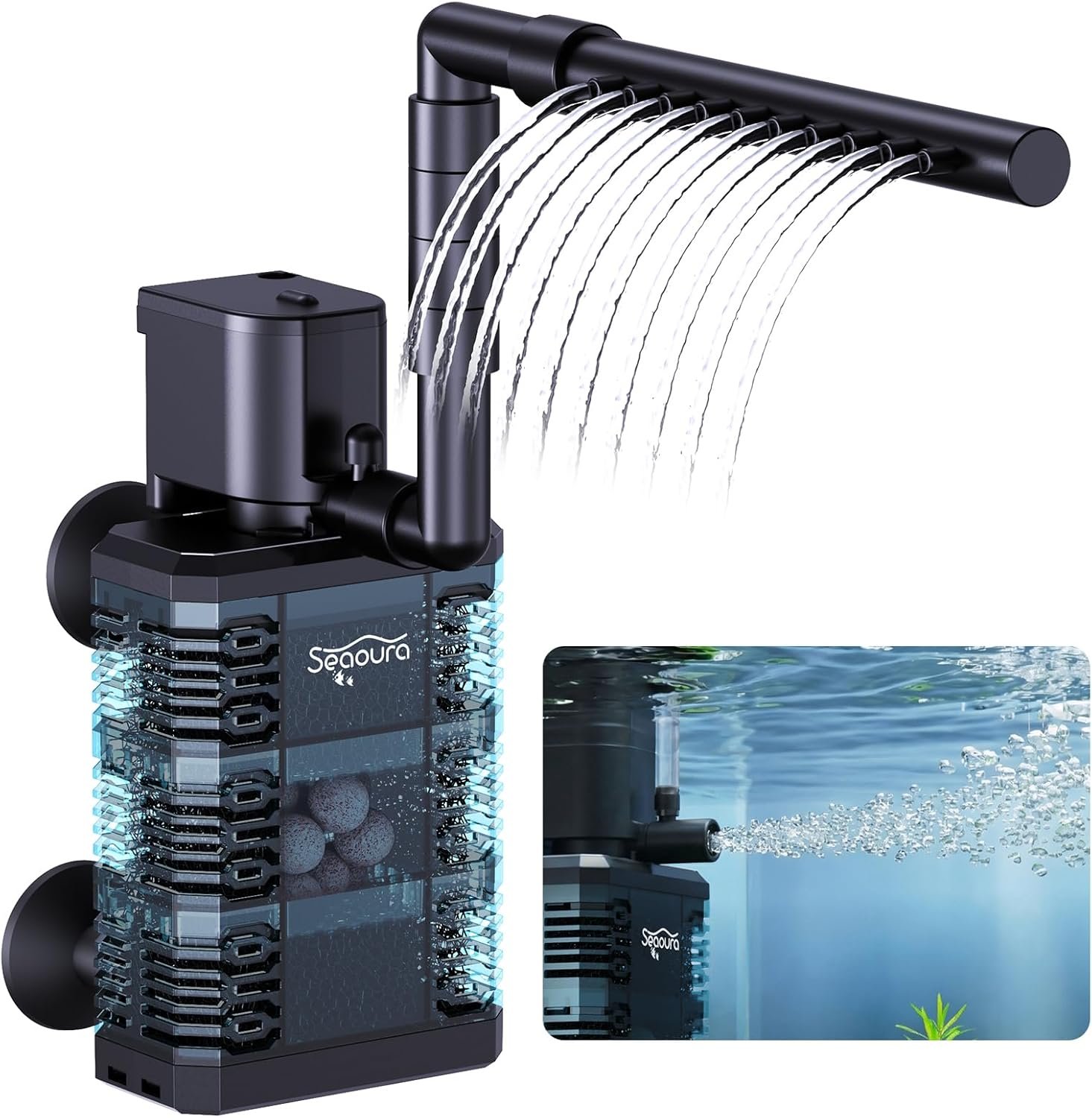 SEAOURA Aquarium Filter，Small Internal Aquarium Filter ， Aquarium Quiet Electric Filter for 5-15 Gallon Aquariums，Aeration System 100GPH Water Pump
