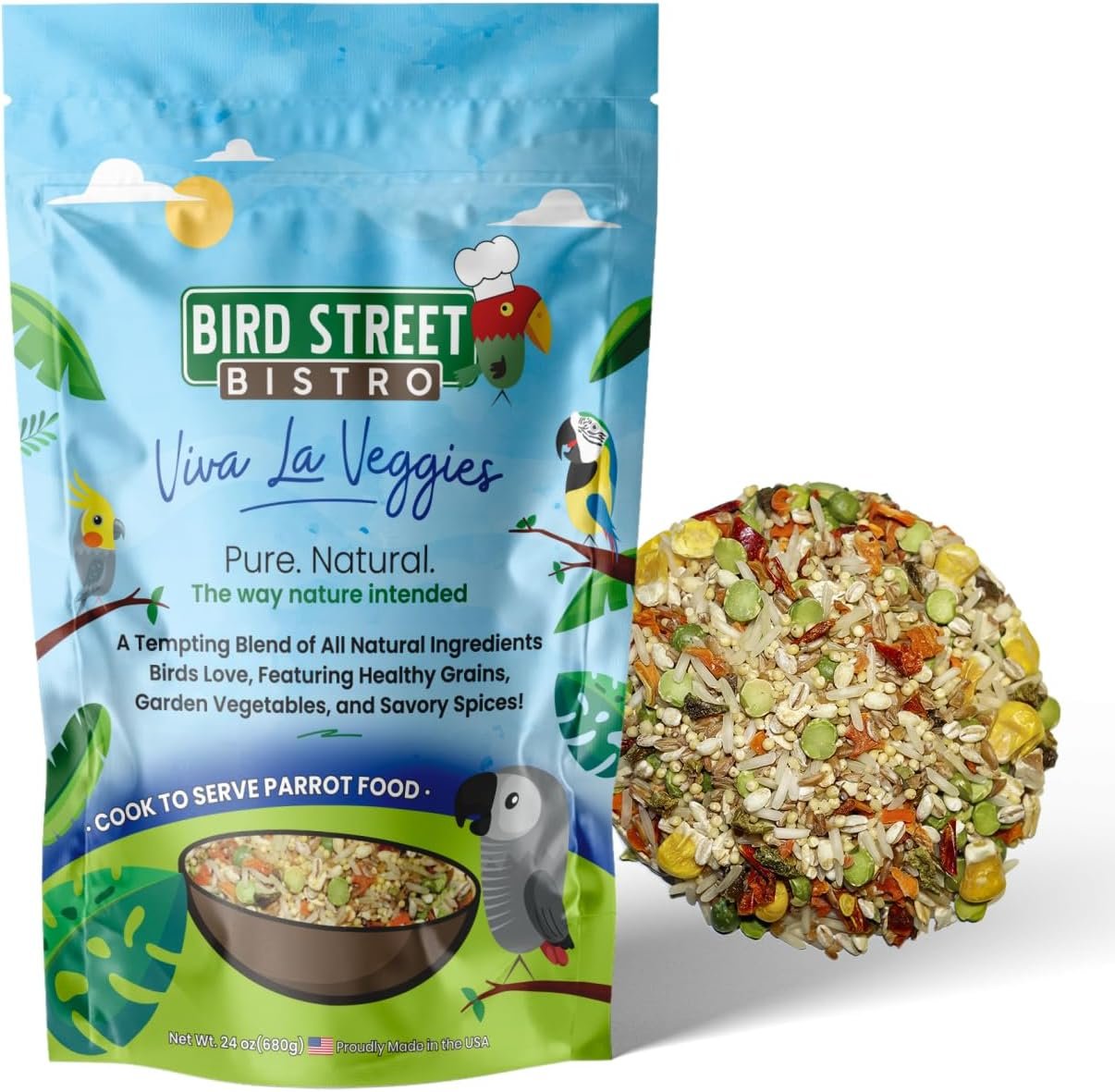 Bird Street Bistro Parrot Food for Parakeets & Cockatiels – Viva La Veggies – 24 oz – Cooks in 3-15 min, Natural Grains, Fruits & Vegetables – USA Made