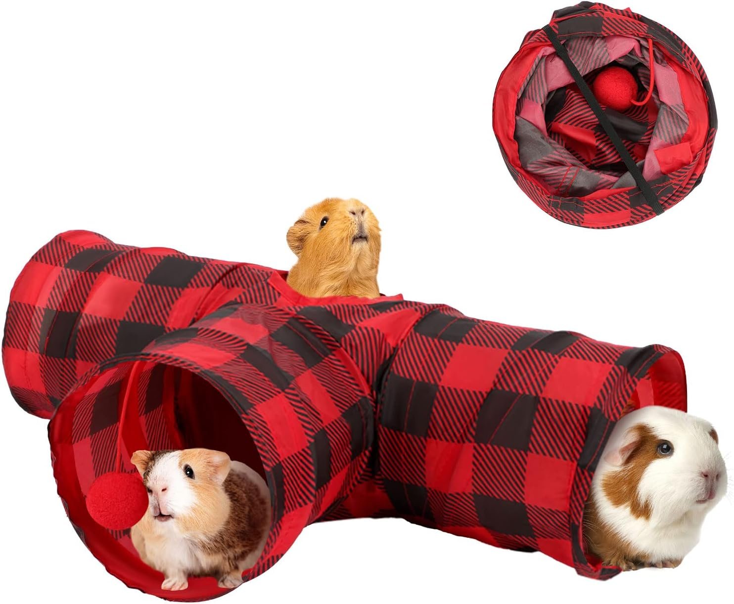 YUEPET Guinea Pig Tunnel and Tube Collapsible 3 Way Guinea Pig Hideout with Classic Christmas Style, Small Animal Tunnel for Guinea Pig Ferret Hamster Chinchilla