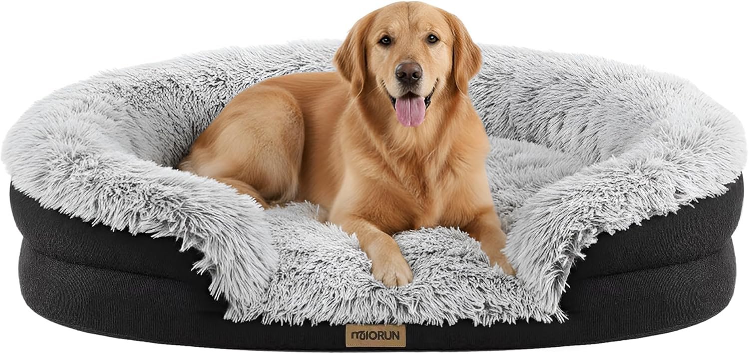 Fluffy Orthopedic Dog Bed for Large & Extra Large Dogs, Calming Plush Sofa Bed with Curved Bolster Support and Egg-Crate Foam Base, 43″ Cozy Oval Pet Donut Bed with Washable Cover, Gray