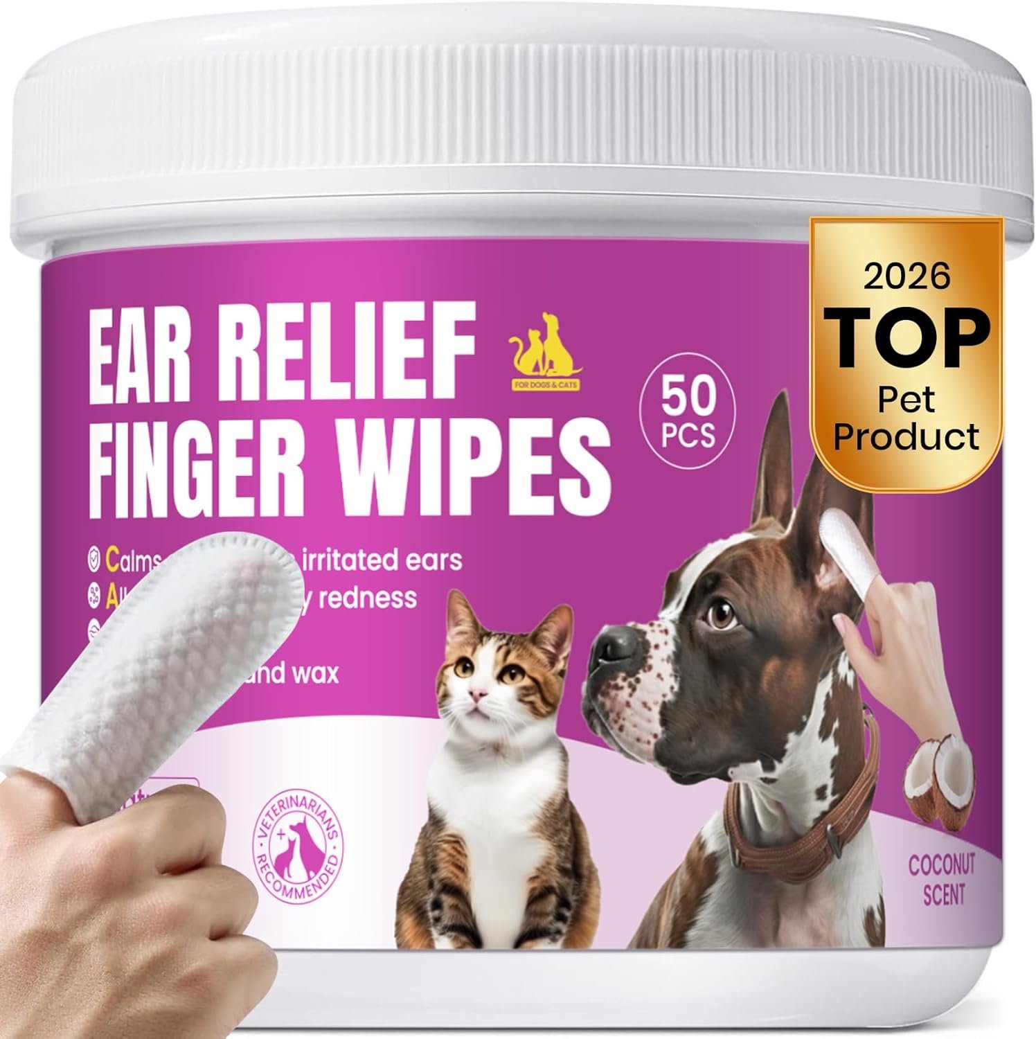 Pet Ear Cleaning Finger Wipes for Dogs & Cats – Dog Ear Cleaner with Aloe, Coconut Oil & Ginseng – Finger Dog Ear Wipes to Relieve Ear Itching, Infections, Wax & Smelly Ears – 50 Ct – Coconut Scent