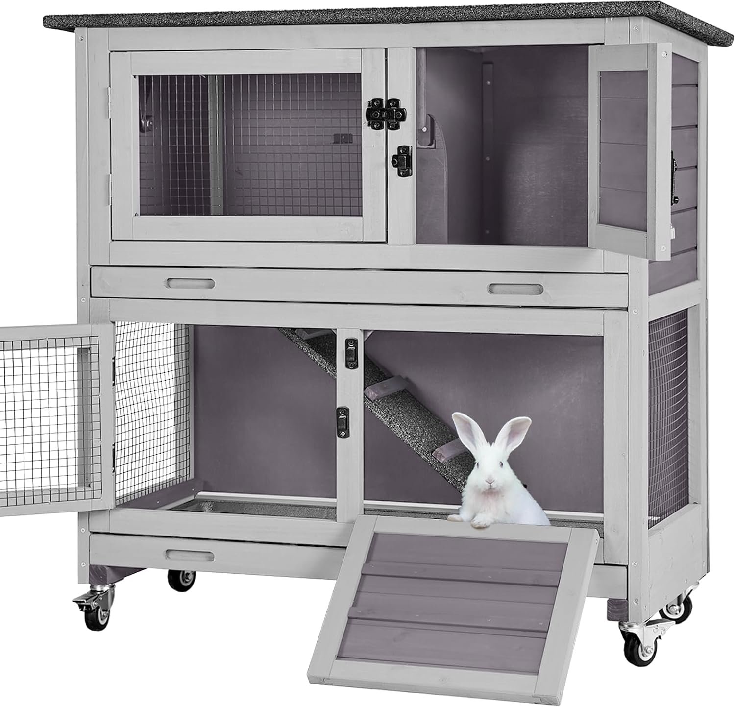 Rabbit Hutch Indoor Outdoor, Bunny Cage with Casters, Guinea Pig Cage Bunny Hutch with Two Plastic Trays 36inch