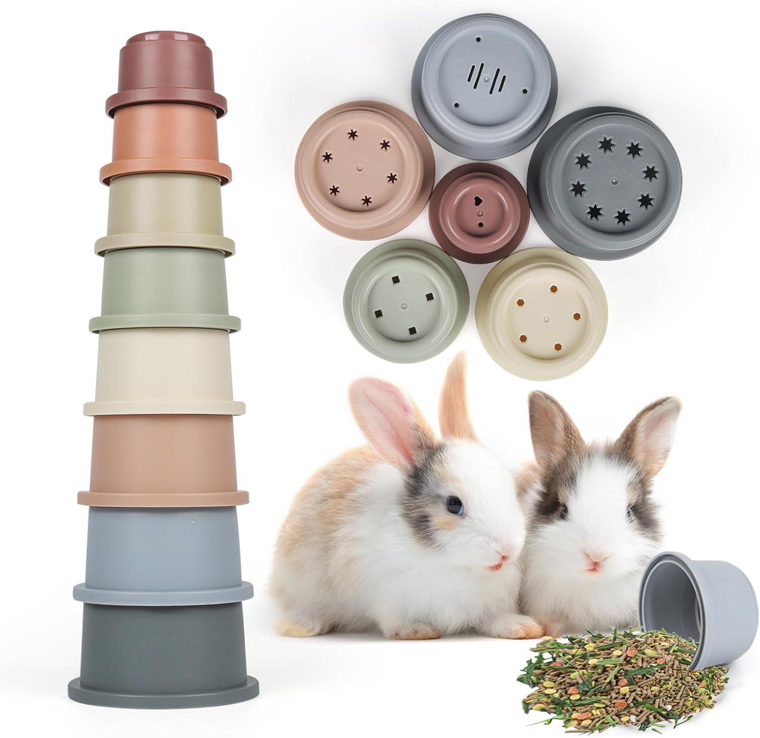 SKYWHALE Stacking Cups for Rabbits, 8PCS Stackable Bunny Toys, Plastic Pet Nesting Snack Container, Chinchilla, Guinea Pig and Parrot Enrichment Playset for Hiding Food and Playing