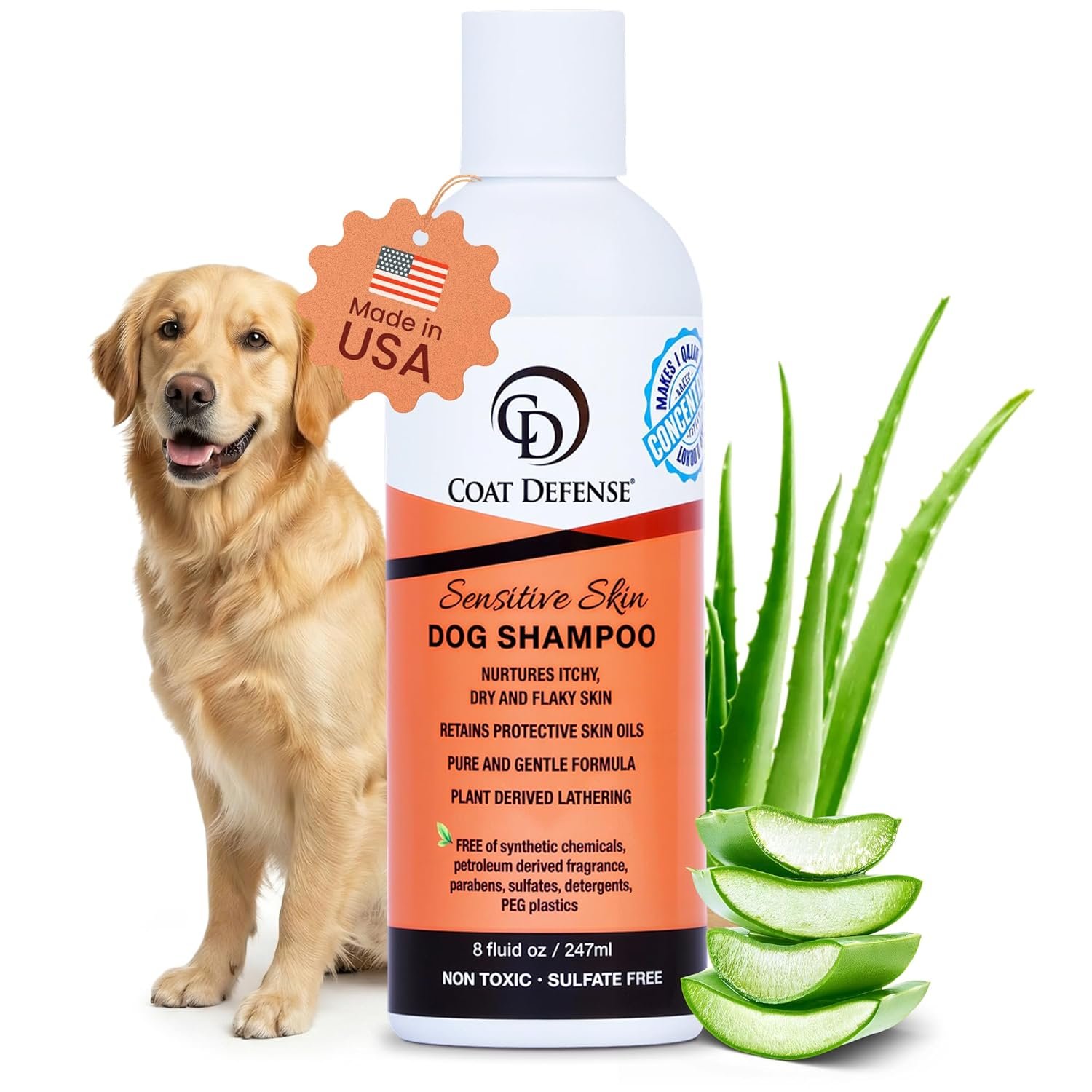 COAT DEFENSE Sensitive Skin Dog Shampoo | Made in USA | Hypoallergenic Dog Shampoo for Allergies, Itching & Odor | Gentle Shampoo for Dogs | 8 oz Concentrate to 32 oz