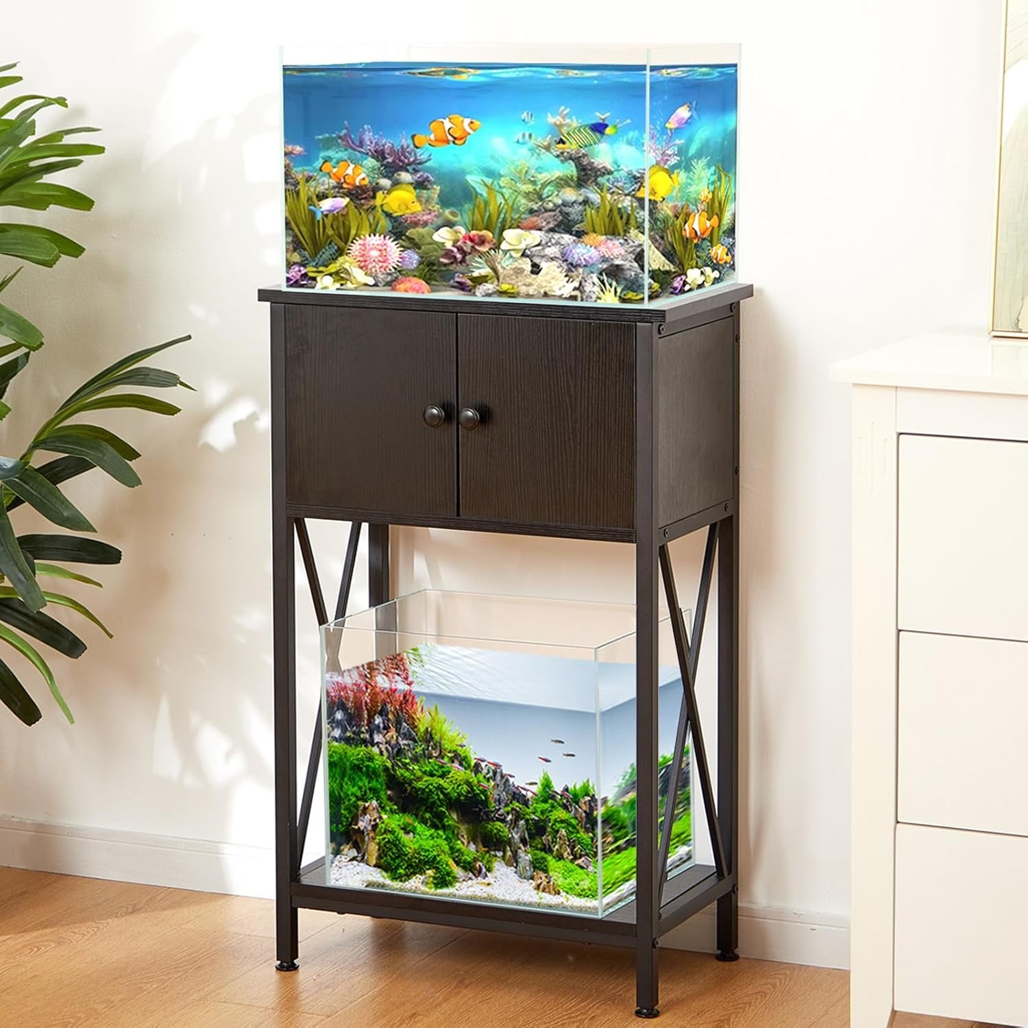 LAQUAL 10 Gallon Fish Tank Stand with Cabinet, Double Aquarium Stand for 10 & 5 Gallon Fish Tank, Heavy Metal Stand with Stable Structure, Adjustable Table Feet & Anti-tilt Device – Black