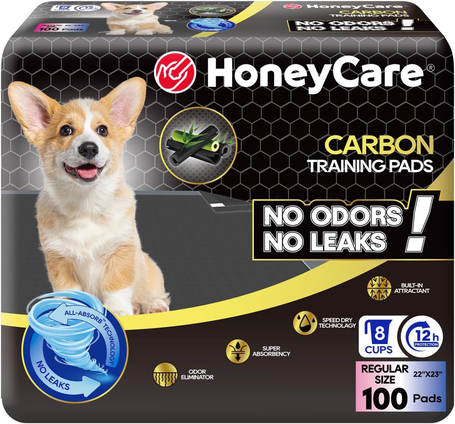 HONEY CARE All-Absorb Puppy Training Pads | Doggie Potty Pads Absorb Eliminating Urine Odor, Ultra Charcoal Dog Pee Pad (Carbon, L 22×23 inch, 100ct)