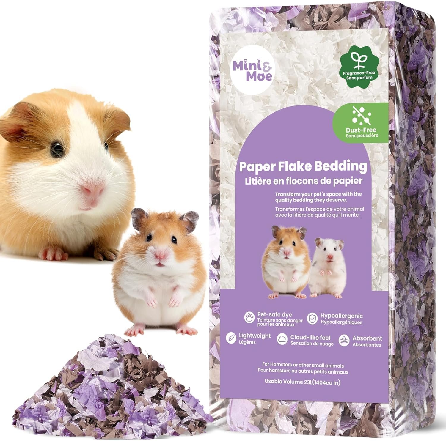 mini&moe Hamster Bedding: Dust-Free and Odor Control Moisture Absorbent Natural Paper Small Pet Bedding – for Guinea Pigs, Hamsters, and Rabbits, 12 Liters