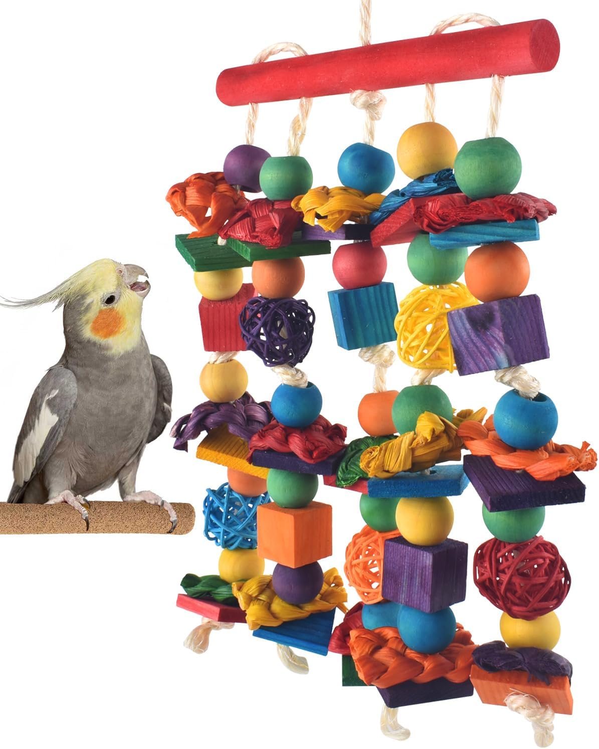 DBNESS Bird Toys, Parakeet Chewing Toy, Multicolored Natural Wooden Blocks Birds Parrot Tearing Toys mit Rattan Wicker Balls, for Medium Small Macaw Cockatoos Budgie Lovebird Cockatiel Conures