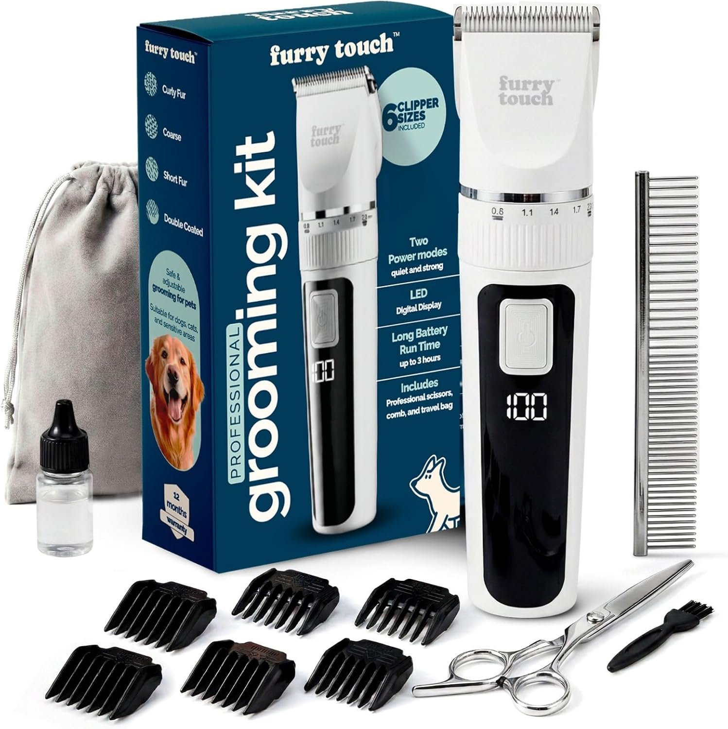 Dog Grooming Kit – 2 Power Modes Quiet & Strong, Cordless Dog Clippers for Grooming & Dogs Hair Trimmer for Groomings, Ceramic Blades, 6 Guide Combs, Rechargeable Trimmer for Cats and Pets